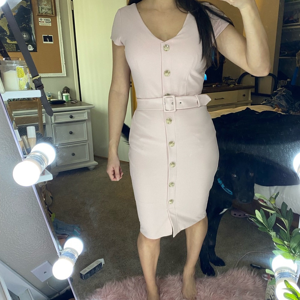 Express light blush button midi dress.